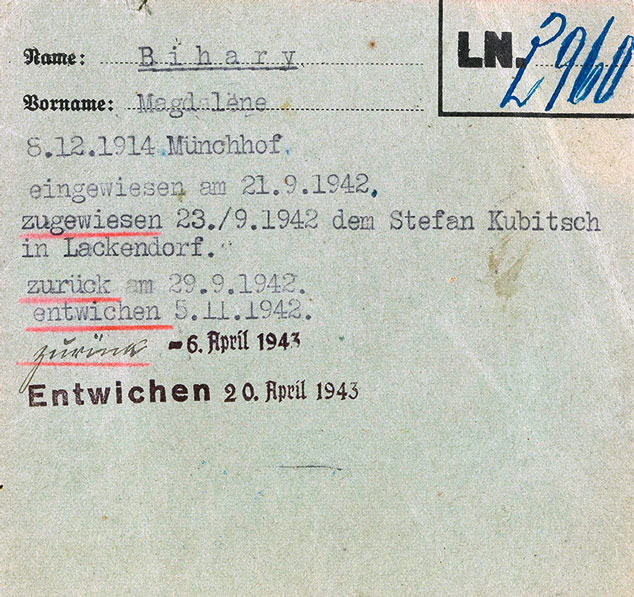 HÃ¤ftlingskarte des Â»Zigeuner-lagersÂ« Lackenbach fÃ¼r Magdalene Bihary, 1942