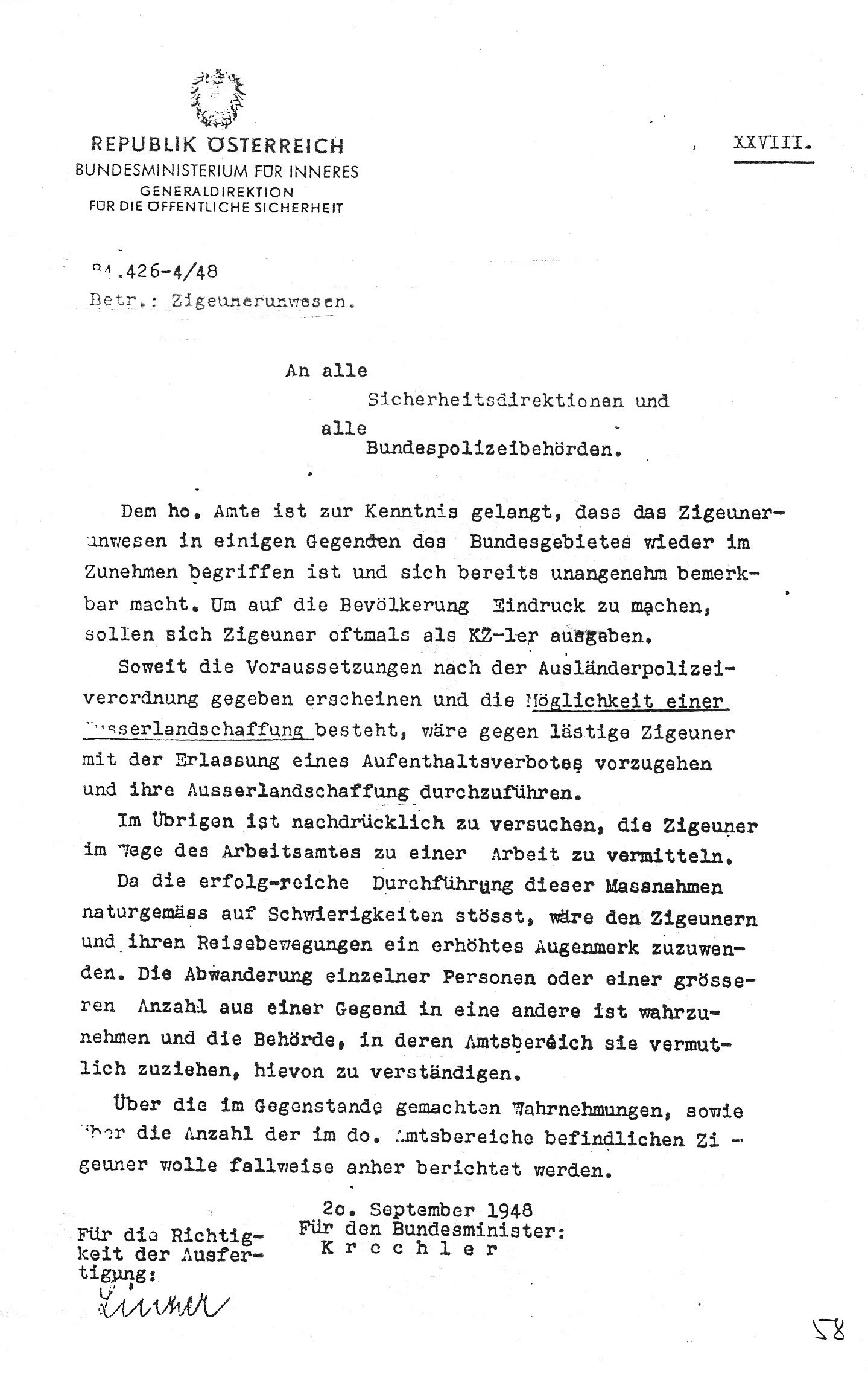Schreiben des Bundesministeriums fÃ¼r Inneres an alle Sicherheitsdirektionen und BundespolizeibehÃ¶rden betreffend Â»ZigeunerunwesenÂ«, 20. September 1948