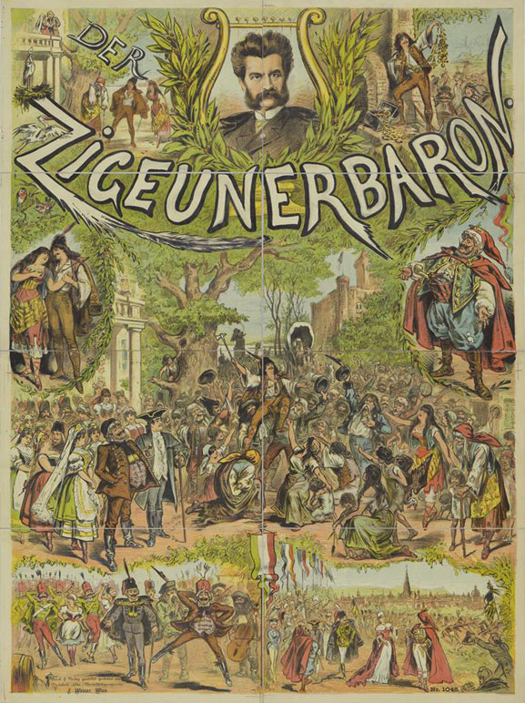 Plakat fÃ¼r die Operette Â»Der ZigeunerbaronÂ« von Johann StrauÃŸ, 1885